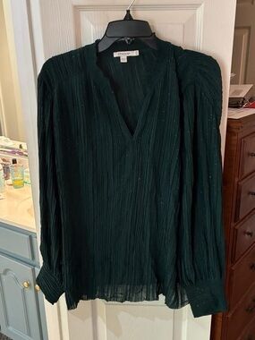Chicos Emerald Green V-neck Pleated Sheer Shimmer Blouse SZ 3.5/18